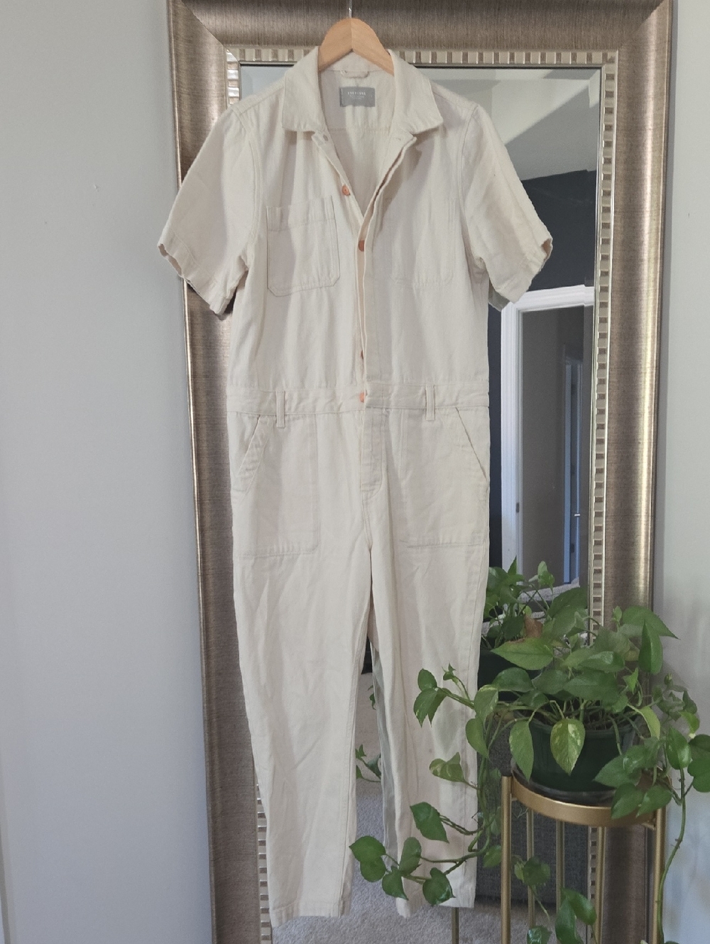 Everlane Cream Short-Sleeve Utility Jumpsuit with Front Zip